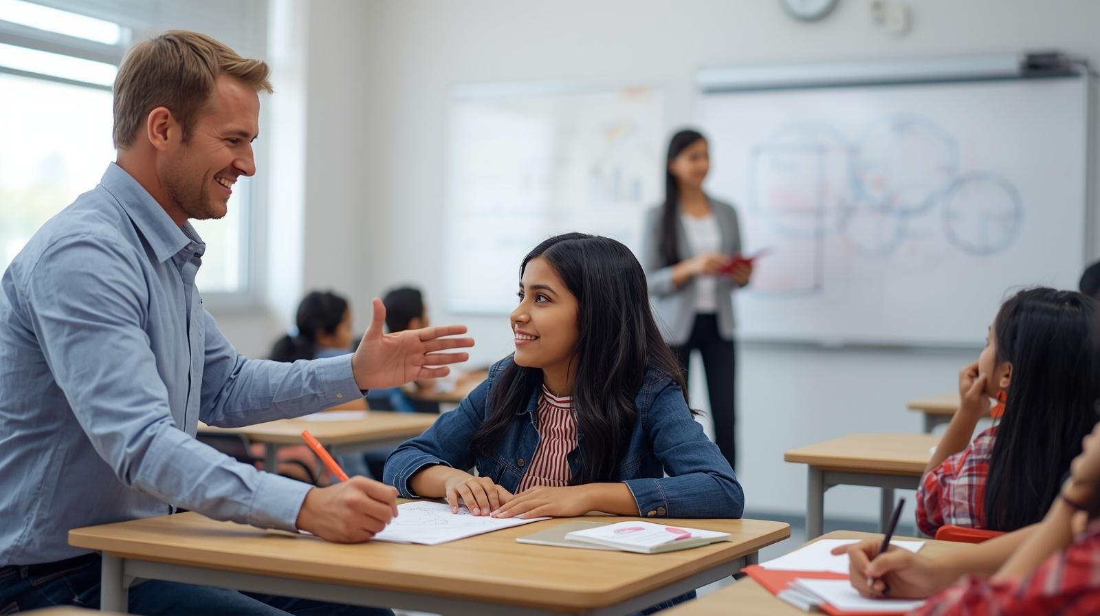 Teacher guiding one student personally inside a classroom